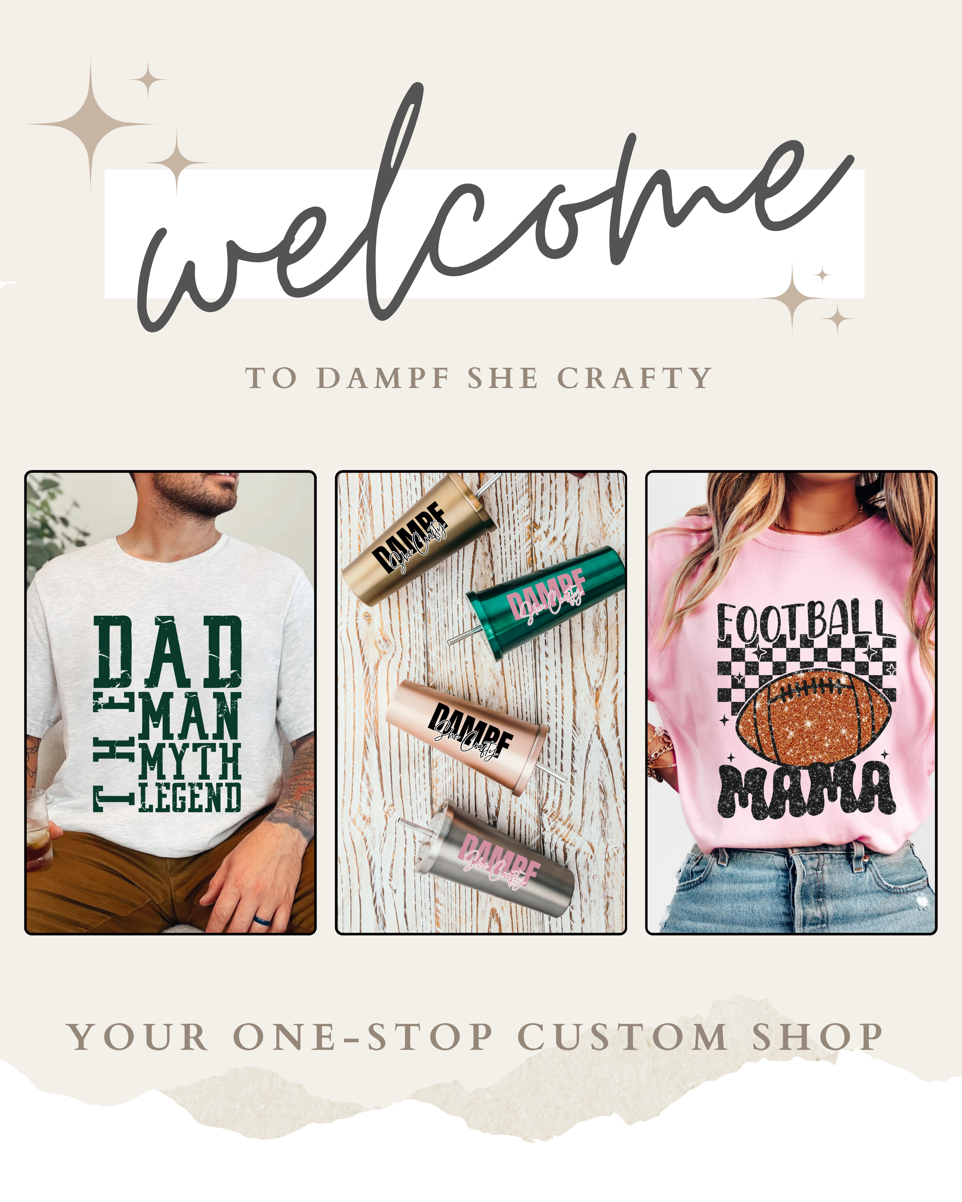 Promotional image for Dampf She Crafty with t-shirts and products displayed.