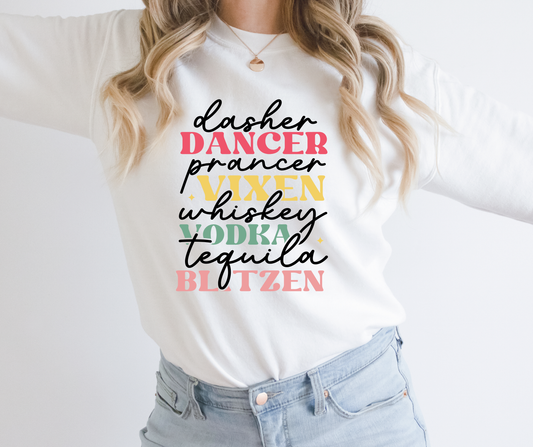 Person wearing a white sweatshirt with colorful text design on a plain background